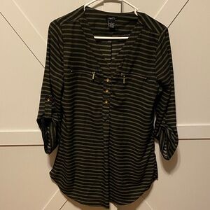 Rue21 Olive and Black Striped Roll-Sleeve Henley Blouse